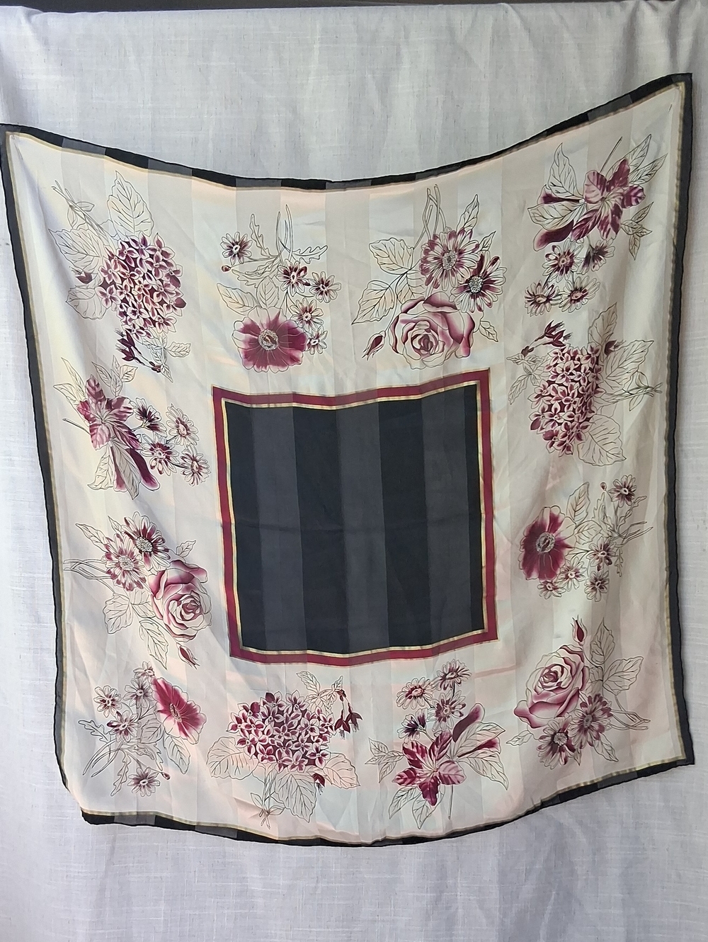Vintage Square Floral Scarf Black Cream Purple